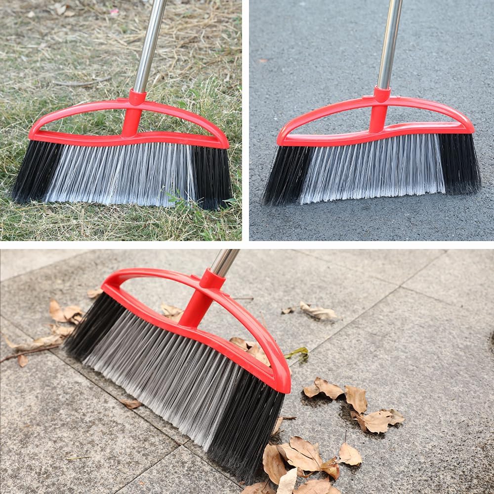 Outdoor Broom, 15.7" Wide Heavy Duty Angle Broom with Long Handle, Stiff Bristles for Sweeping Patio, Garden, Garage, Yard (Red), MULB36