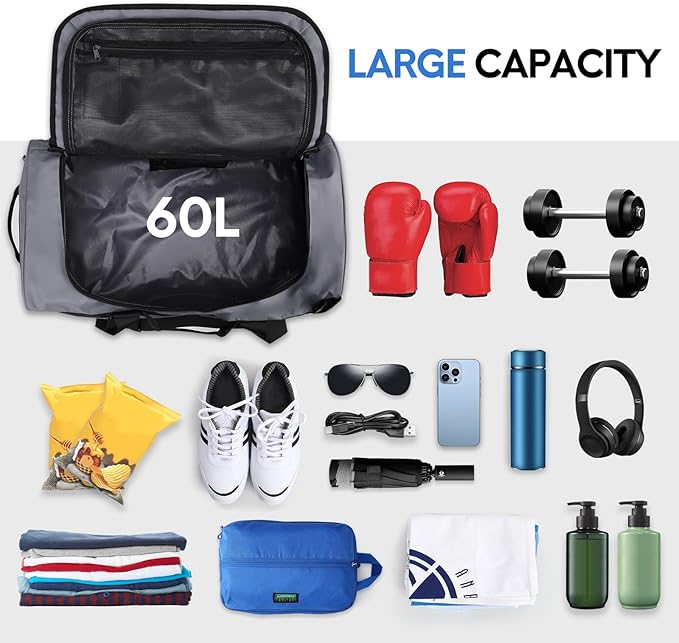 Haimont Gym Duffel Backpack Bag for Men Large Sports Duffle Bags with Backpack Straps for Hiking Travel Weekender Workout, Water Resistant, Gray, 60L