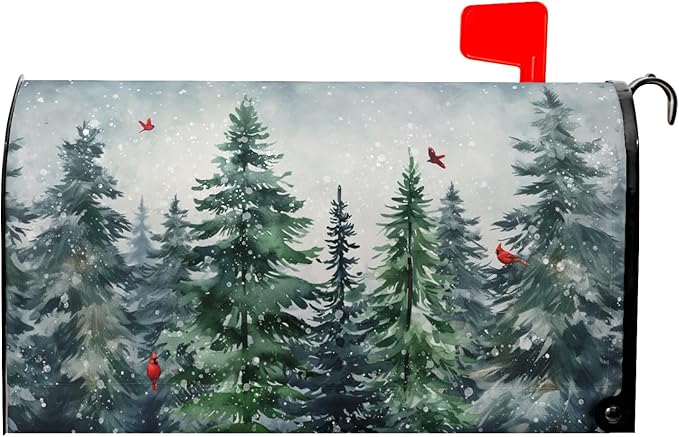 Winter Watercolor Tree Magnetic Mailbox Cover Standard Size 21x18 Inch Christmas Dark Green Pine Trees Mail Box Post Cover Rustic Forest Red Bird Letter Box Wraps for Home Outdoor Garden Yard Decor