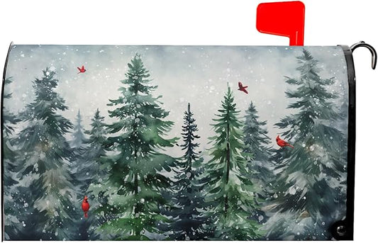 Winter Watercolor Tree Magnetic Mailbox Cover Large Size 25.5x21 Inch Christmas Dark Green Pine Trees Mail Box Post Cover Rustic Forest Red Bird Letter Box Wraps for Home Outdoor Garden Yard Decor
