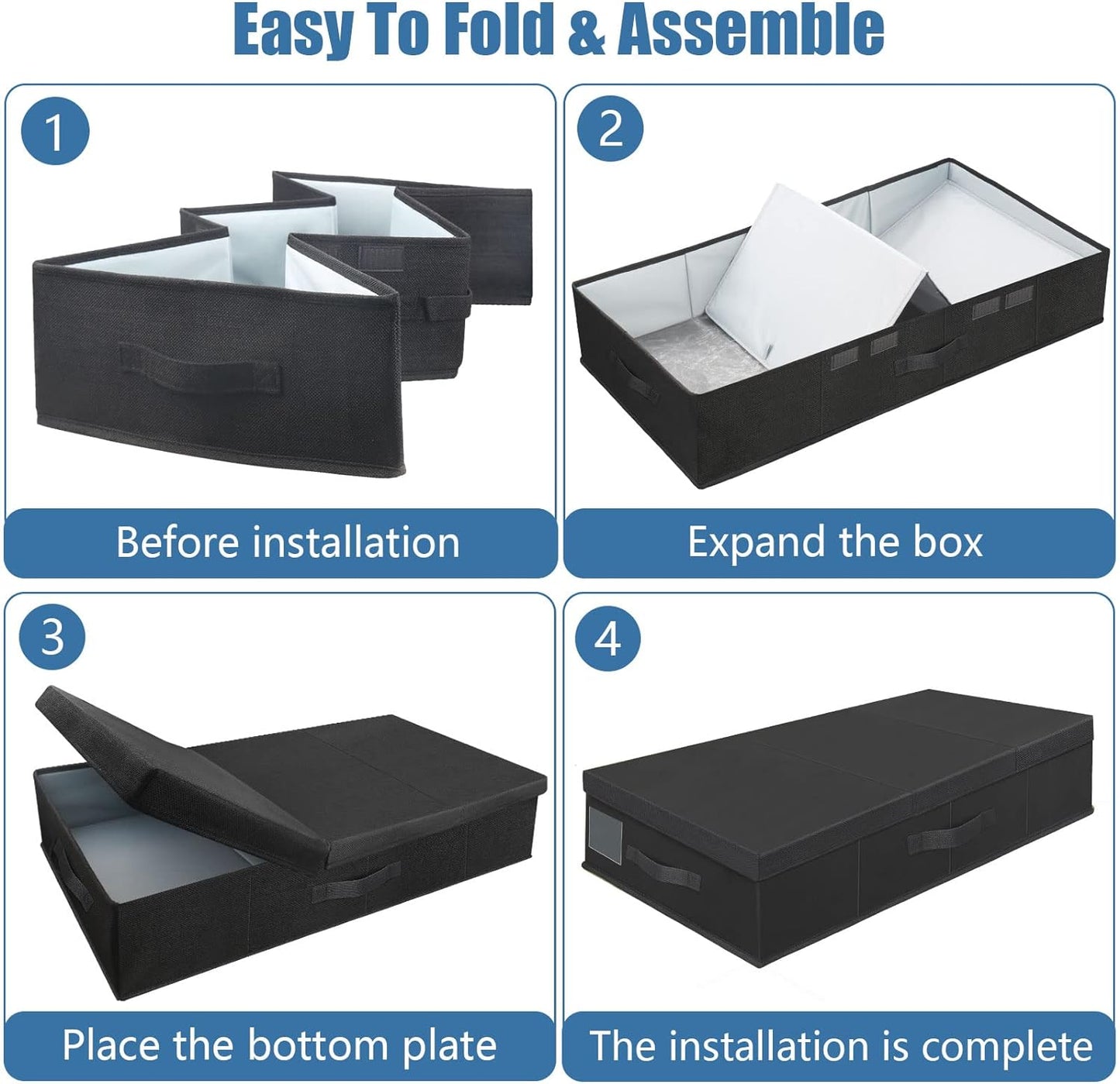 Underbed Storage Containers Bin with Lids (Set of 2) Large Under Bed Storage Organizer Box with Handle, Foldable Under the Storage Bags for Organizing Clothes, Shoes, Blankets, Pillows-Black