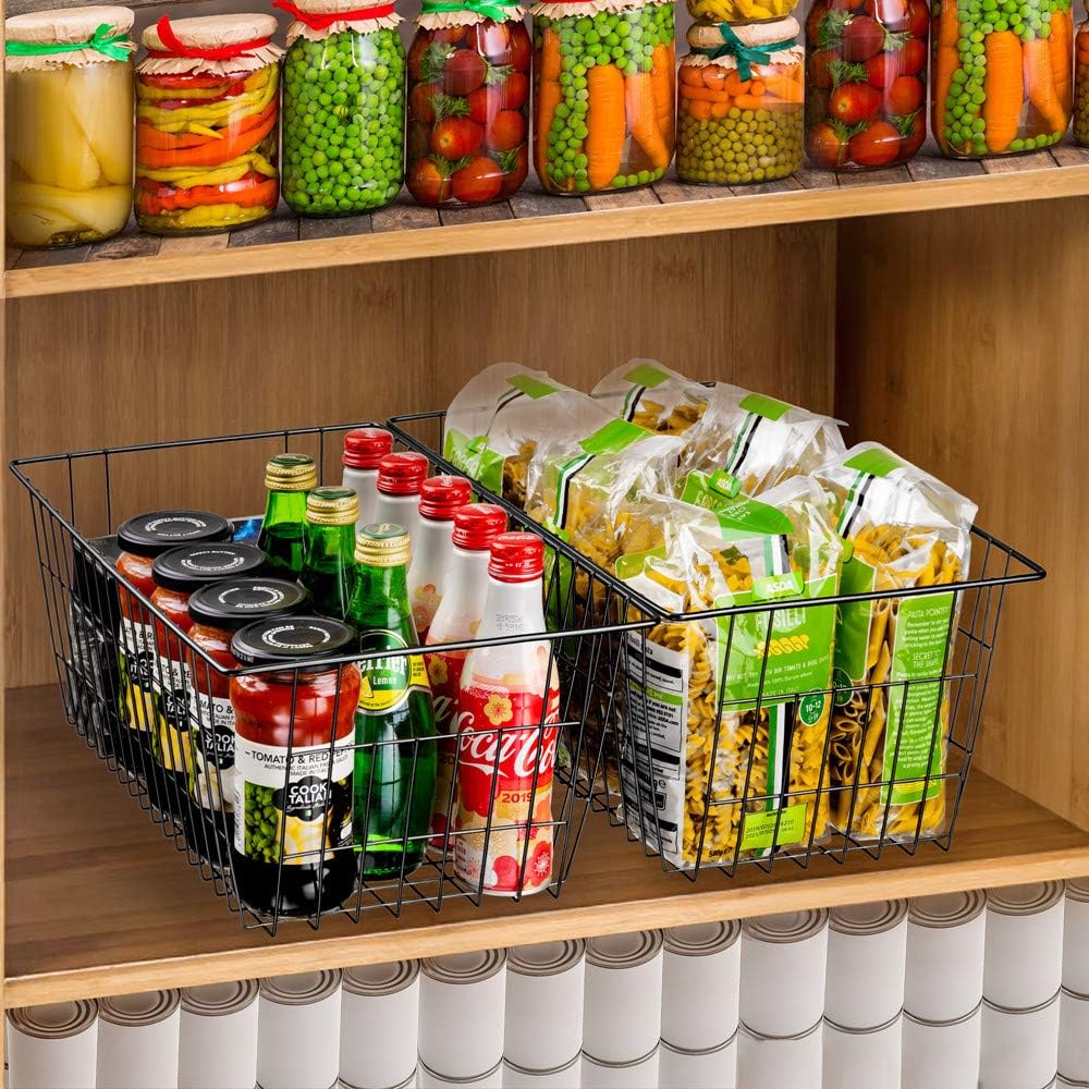 SANNO Freezer Baskets Wire Storage Baskets Closet Baskets Bin Farmhouse Organizer Storage Bins Large Organizer Bins for Home, Office, Bathroom, Pantry Organization Storage -Black Set of 3, 15.7"