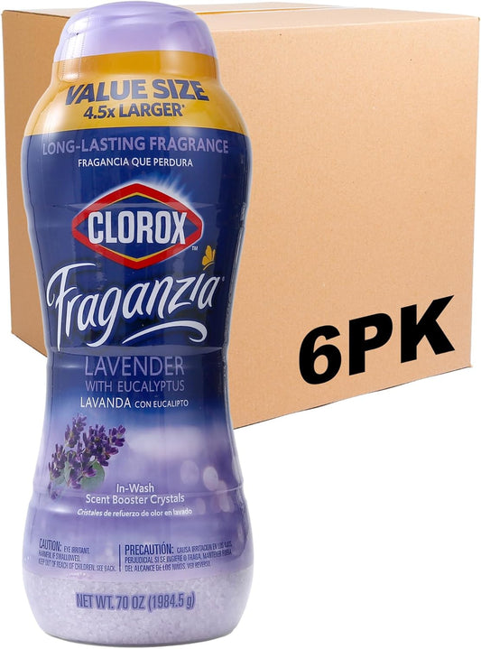 Clorox Fraganzia Laundry Scent Booster Crystals in Lavender with Eucalyptus Scent - Scented In-Wash Freshener Beads for Fresh, Clean, Great Smelling Clothes and Linens, 70 Oz - 6 Pack
