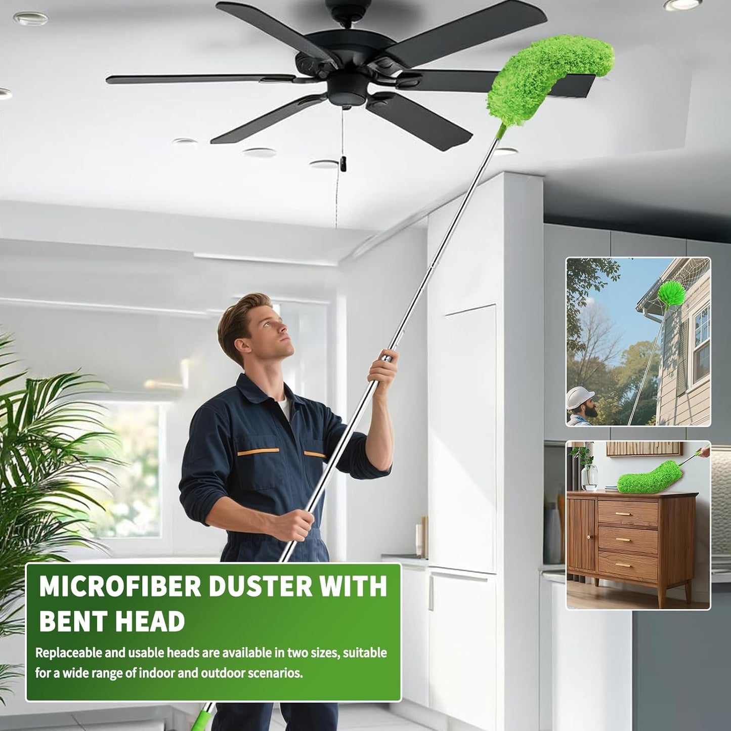 Cobweb Duster with Extension Pole, Washable Cleaning Duster Set with 2 Duster Heads, Corner Brush, 15-110-Inch Telescoping Pole for high Ceiling Fans, Long Duster for high Ceilings，Reach Duster