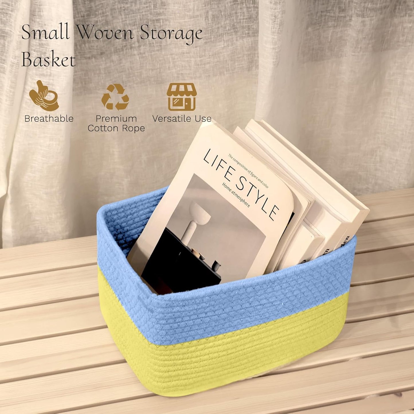 Hopegiver Woven Storage Baskets 11x8x7 Inch, 3 Pack Collapsible Cube Storage Bin for Shelves - Foldable Cotton Rope Organizer Bins for Towels, Toys, Books, Closet, Nursery (Blue Yellow)