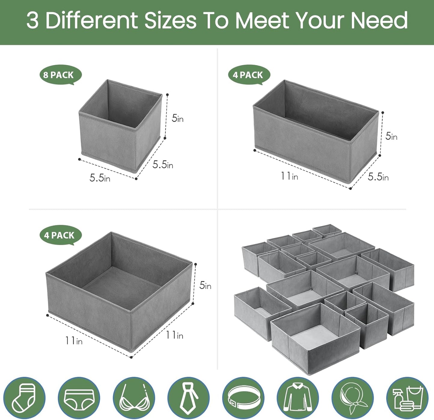 Criusia Drawer Organizer Clothes,16 Pack Underwear Drawer Organizers, Foldable Closet Organizers and Storage Dresser Drawer Dividers Clothing Organizer for Clothes, Socks, Scarves, Bra, Ties (Grey)