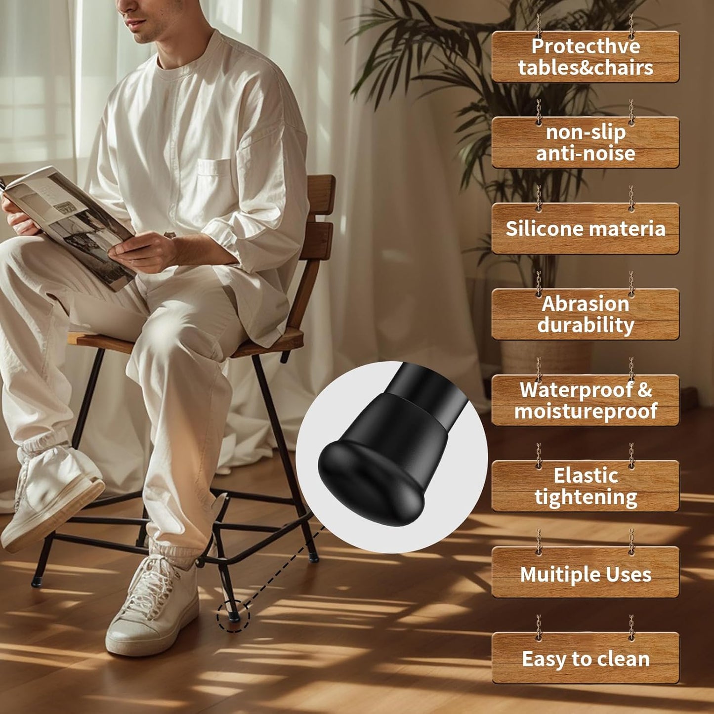 1 Inch Heavy Duty Rubber Chair Leg Caps - 8 PCS Non-Slip Furniture Floor Protectors with Metal Inserts for Wood, Tile, Carpet - Fits Chairs,Stools,Bar Stools