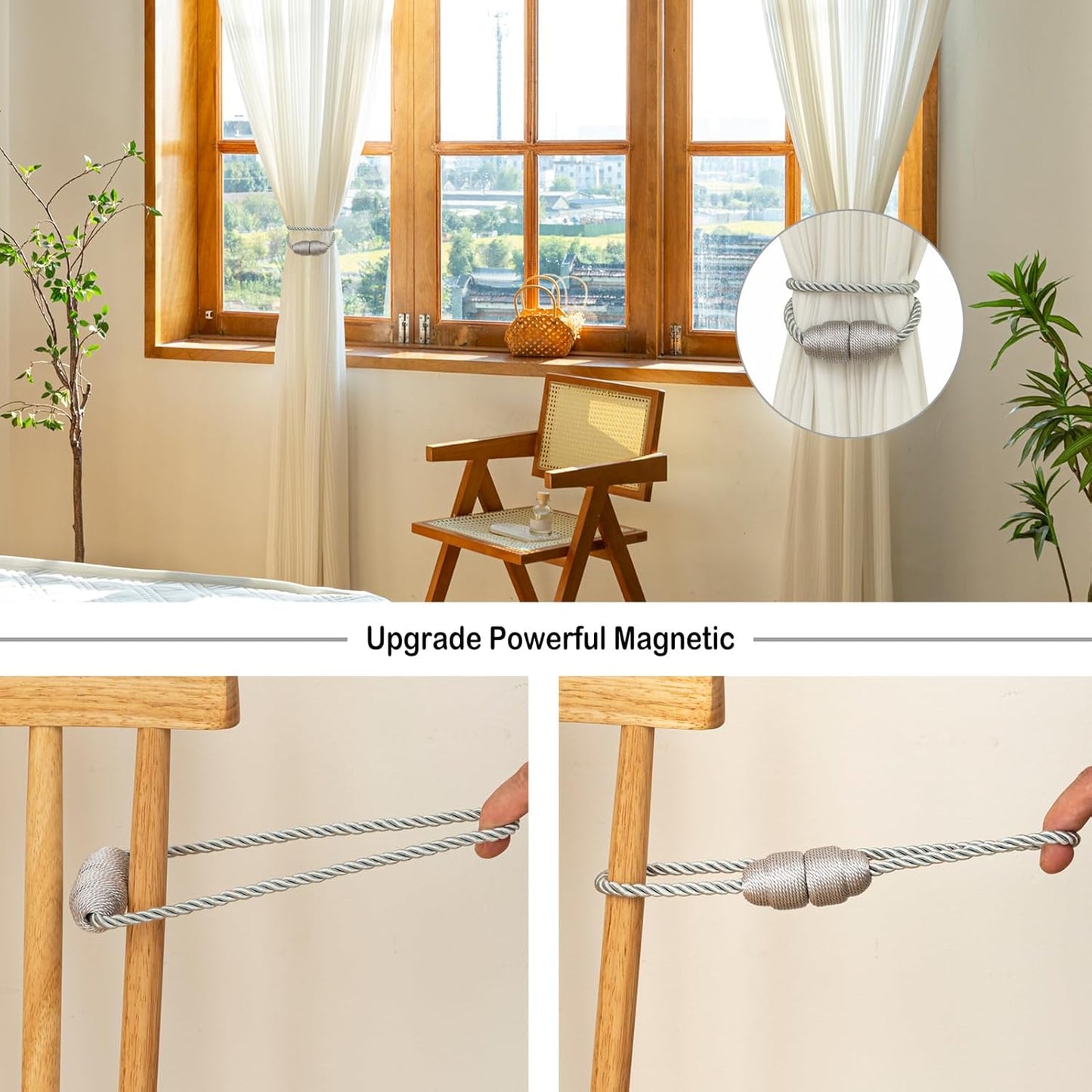 Magnetic Curtain Tiebacks Rope Curtain Tie Backs for Curtains 4 Pack Curtain Holders for Drapes Decorative Window Curtain Holdbacks, Grey