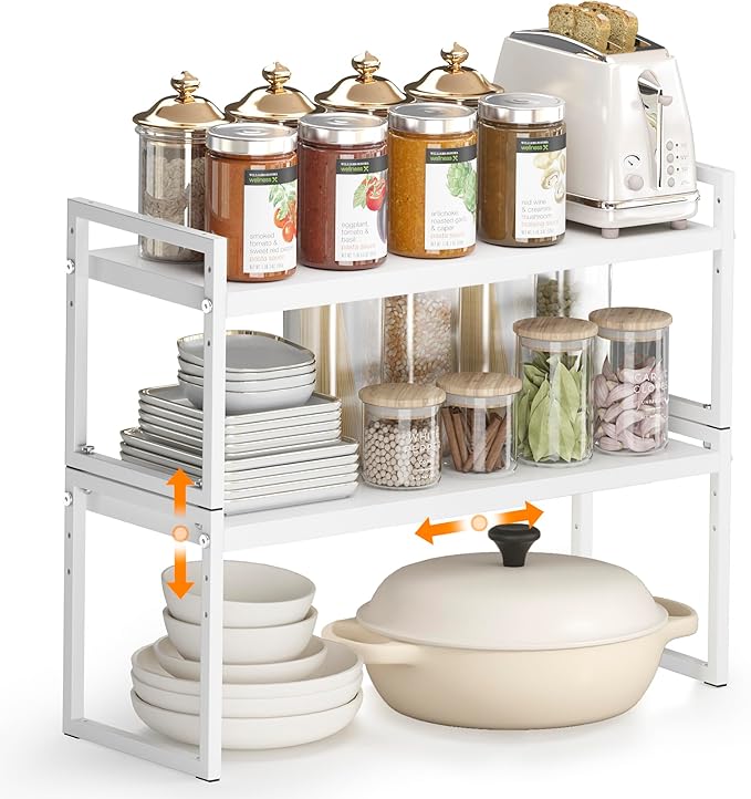 DOLALIKE Expandable Kitchen Countertop Organizer, Stackable Cabinet Shelf Organizers, Space Saving Spice Rack Pantry Storage for Bathroom Office Organization (White, 2-Tier)