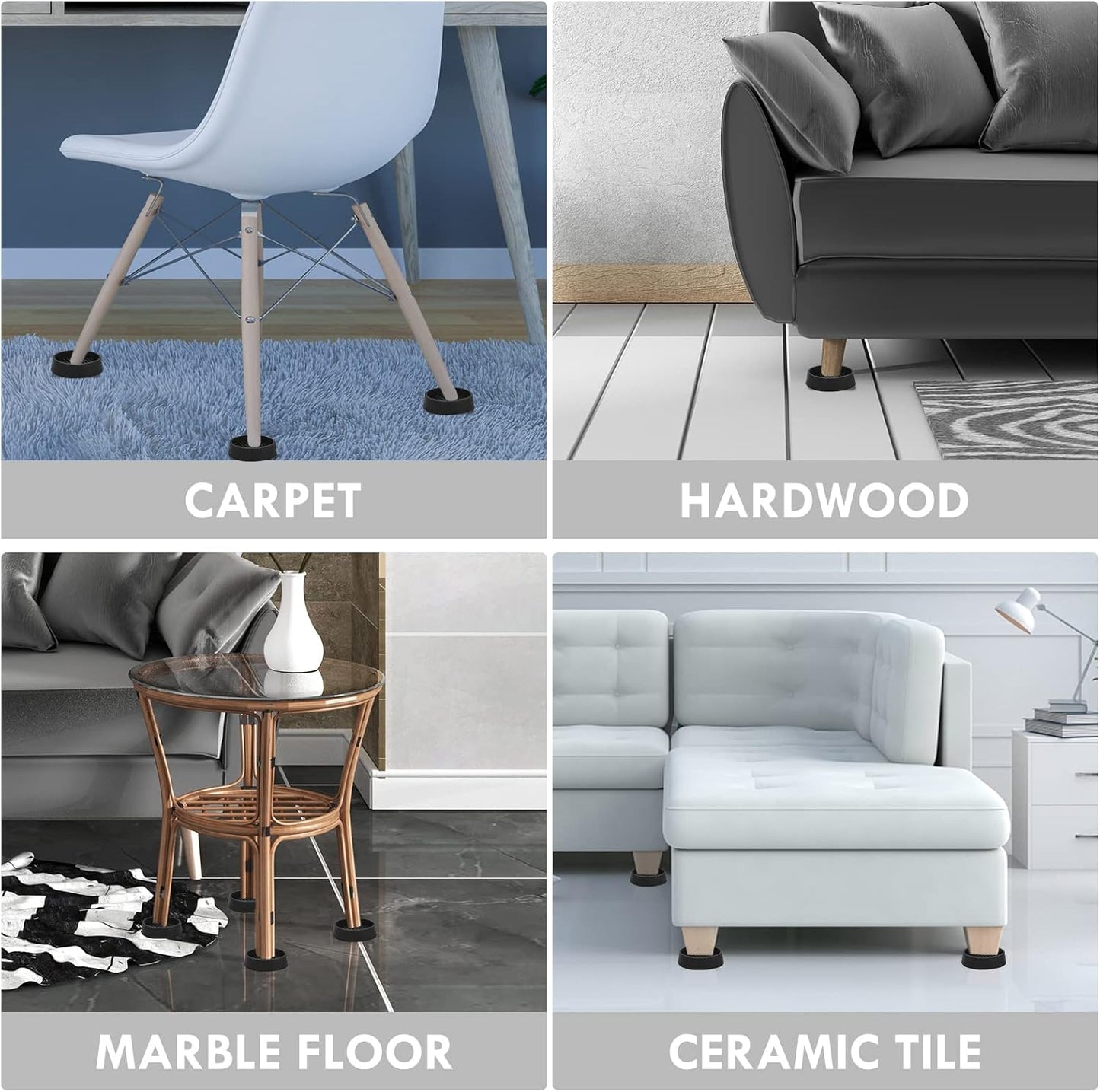 Furniture Coasters, 1.5X1.5 Rubber Caster Cups Non Slip Furniture Pads Non Skid Furnitures Grippers Anti Slide Floor Protector for Bed Couch Table Chair Stoppers (Black, 12 Pack)