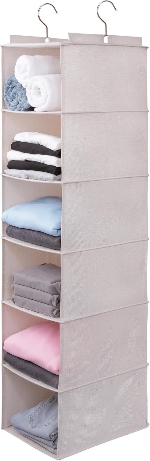 Large Hanging Sweater Organizer for Closet,Collapsible 6-Shelf Hanging Closet Shelves with Drawers, Washable (Beige -6 Shelf)