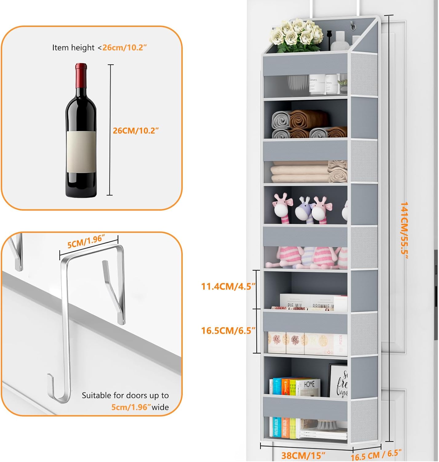 Over The Door Organizer - Over Door Storage Organizer with 5 Large Pockets & 10 Mesh Side Compartments - Heavy-Duty Hanging Storage for Bathroom, Bedroom & Closet - Baby Room Organize Solution