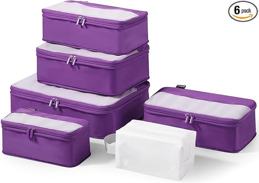 6 Set Compression Packing Cubes for Travel Essentials, Luggage Organizers for Suitcases (Bright Purple)