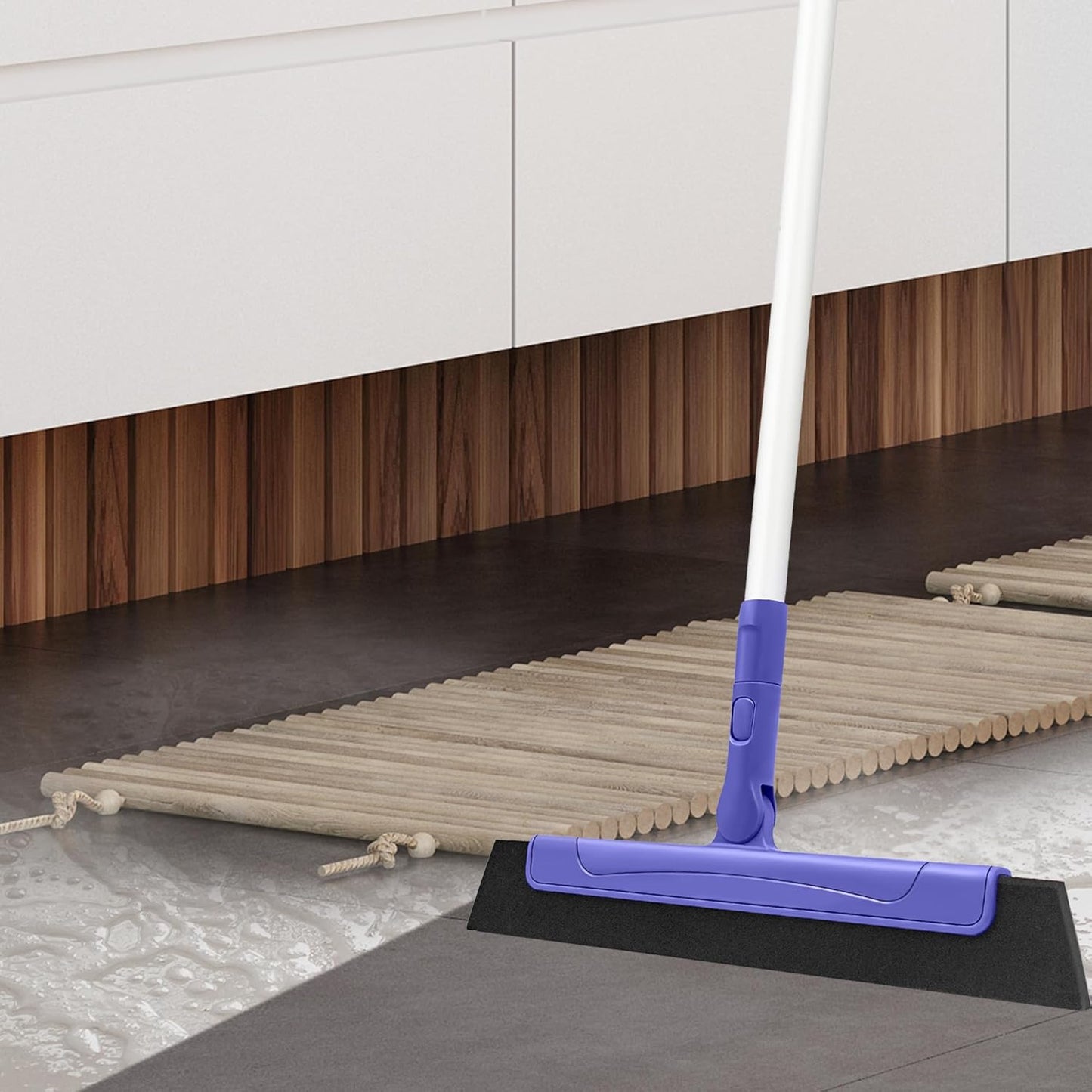 Floor Squeegee for Tile Floor and Shower Glass, Broom Rubber Blade with 48.4" Aluminum Long Handle, Water Blade Foam Pet Hair Wiper for Window Cleaning, Home, Garage, Bathroom, and Kitchen