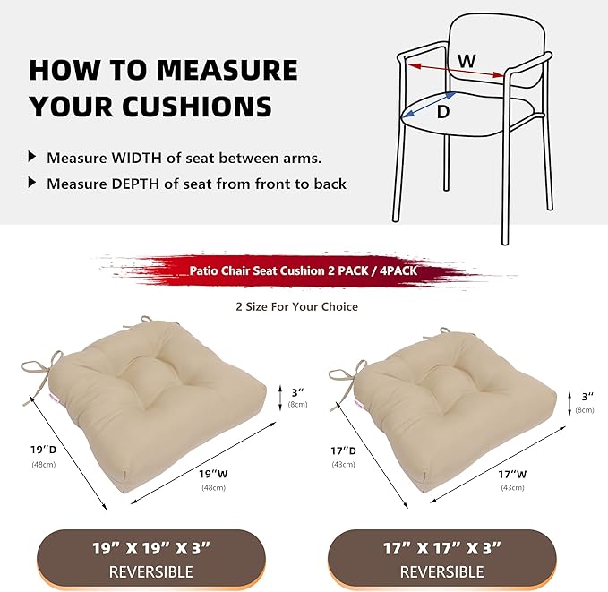 RACE LEAF Outdoor Seat Cushions Set of 2, 19" x 19" Square Patio Cushions, Plump Filling Tufted Water-Resistant Olefin Chair Seat Cushion with Ties for Non-Slip Support, Khaki