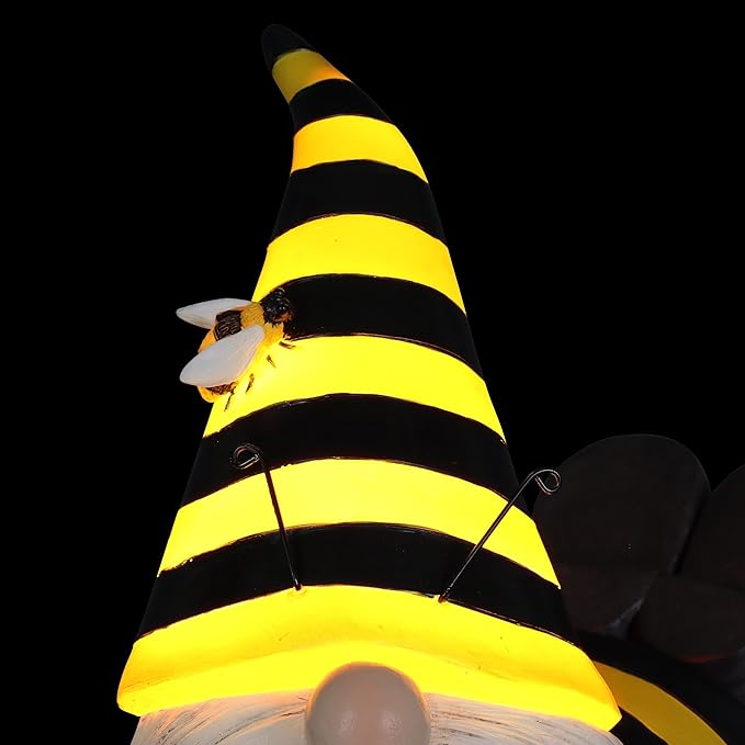 Exhart Solar Beekeeper Garden Gnome Statue, LED Hat, Flowers,Hand Painted Cute Yard Décor,5.5" x 8.5”