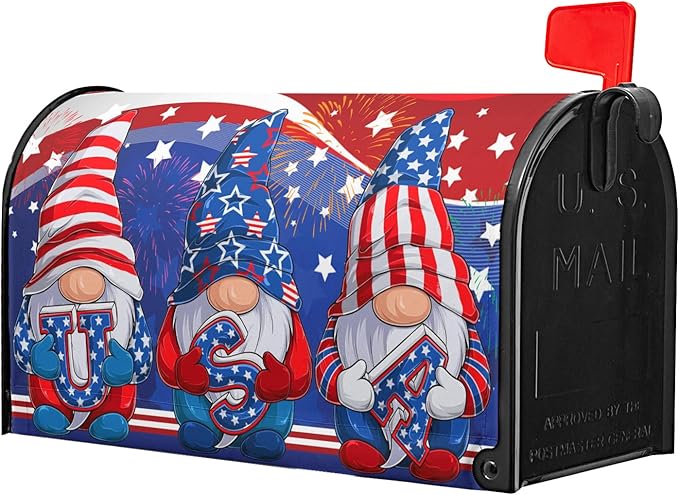 Patriotic Gnomes USA Flag Mailbox Cover Magnetic Independence Day July 4th Mailbox Covers Standard 21" x18’’ Happy Holiday Waterproof Post Box Cover Wraps for Outdoor Garden Yard Home Decor