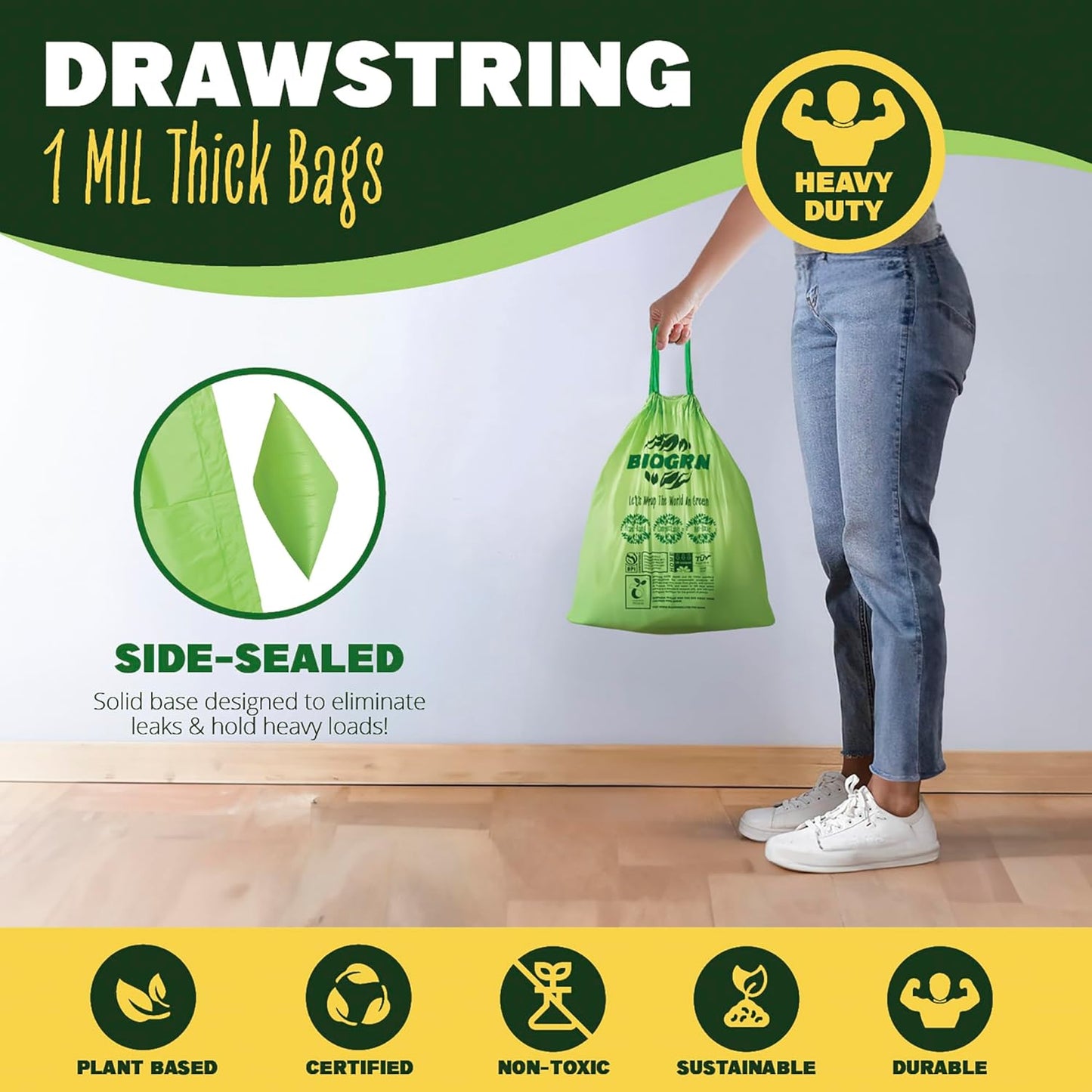 2.6-3 Gallon Compostable Trash Bags Drawstring 50 Bags Extra Thick 1 Mil 11.36 Liter Small Biodegradable Trash Bags for Kitchen Countertop Bin ASTM D6400, US BPI and OK Compost Home Certified