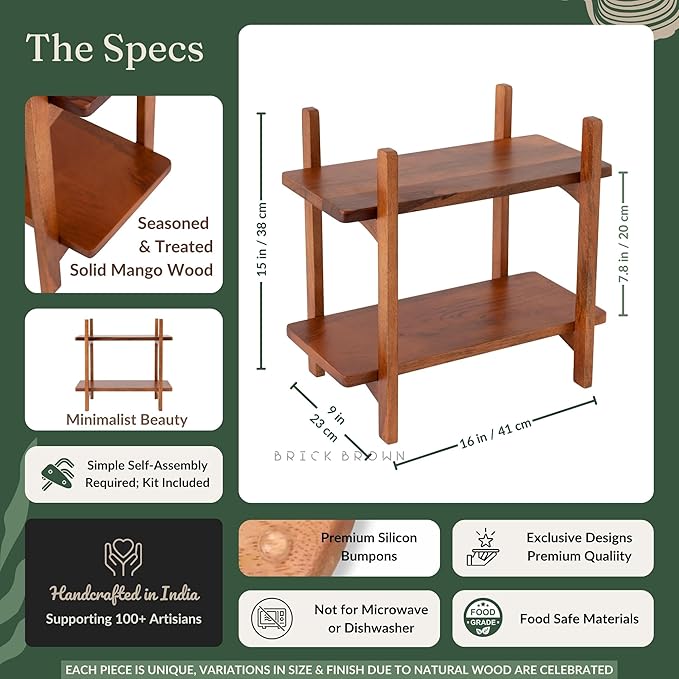 Premium Zen Organizer | 2-Tier Wooden Spice Rack | Kitchen Countertop Shelf | Tiered Shelf Organizer | Grocery Rack (41 x 23 x 38 Cm)