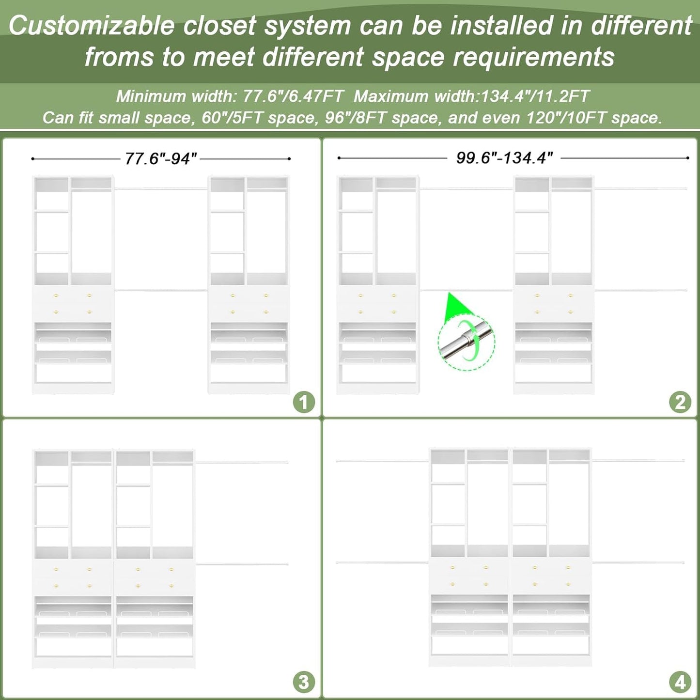 Closet System, Up to 134"/11.2 FT Closet Organizer with 4 Wooden Drawers and Shelves, Walk-in Closet System with 6 Hanging Rods, Built-in Closet Can Fit 96"/8FT, 120"/10FT, White