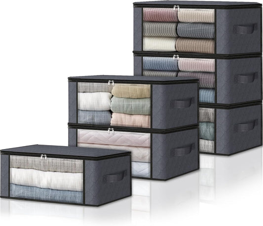 HomeHacks 6-Pack Clothes Organizer Storage Bags Foldable Storage Box with Large Clear Window Sturdy Handles for Closet, Dorm, Pillows, Bedding, Clothes, Stuffed Toys, Blankets, 35L, Grey