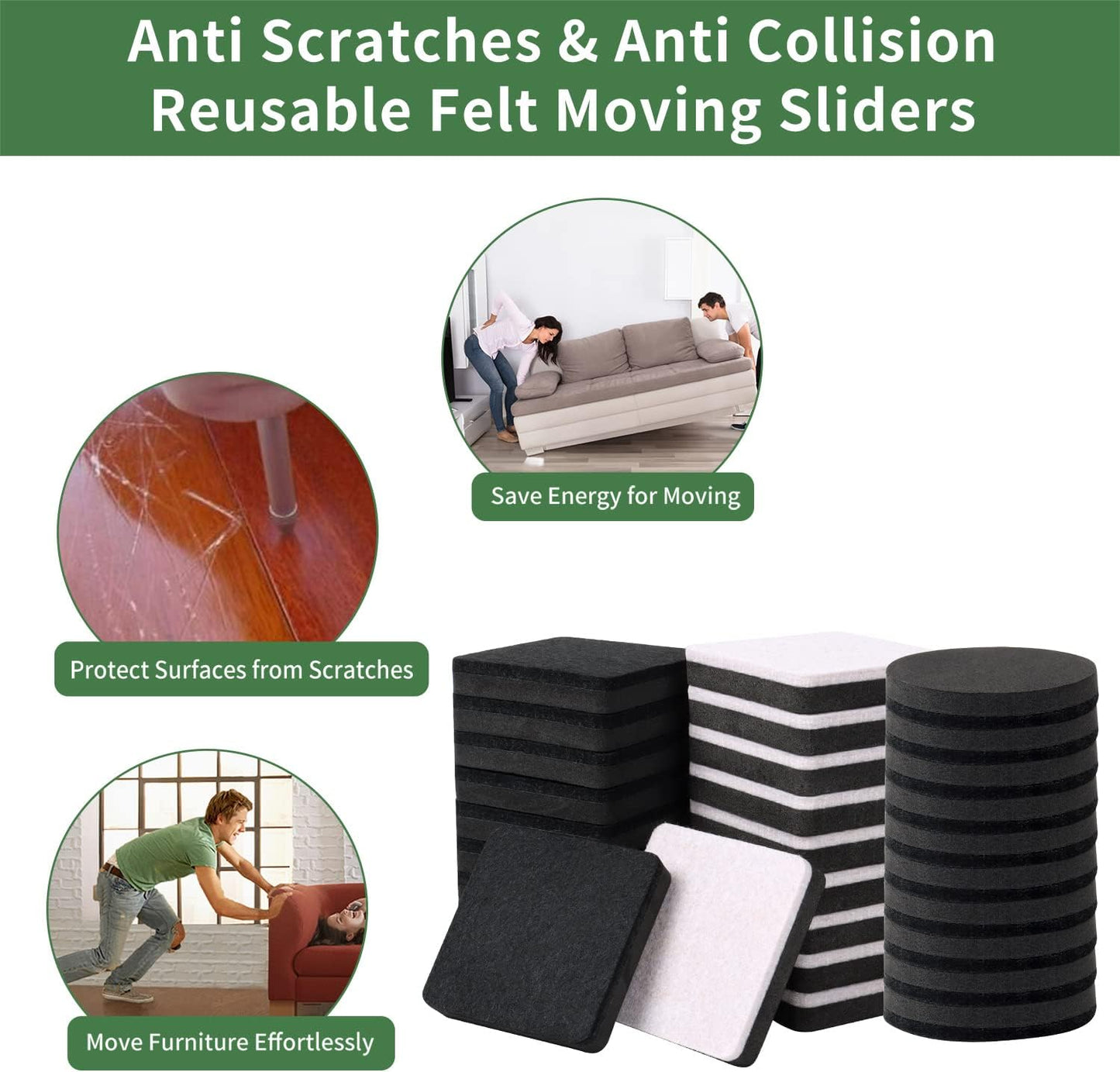 Ezprotekt 2.5" Square Felt Furniture Movers Sliders for Hardwood Floors, 24 Pcs Reusable Felt Furniture Moving Pads for Sofa Table Bed Desk Couch Cabinet - Move Items Easily and Quickly (Beige)