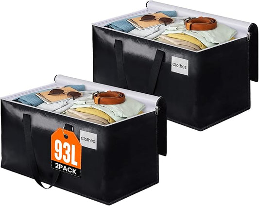 BlissTotes Moving Bags, Heavy Duty Moving Boxes with Zippers Top and Sturdy Handles, Storage Bags for Space Saving and Packing, Collapsible Moving Supplies, Storage Totes (93L, 2-Pack, Black)