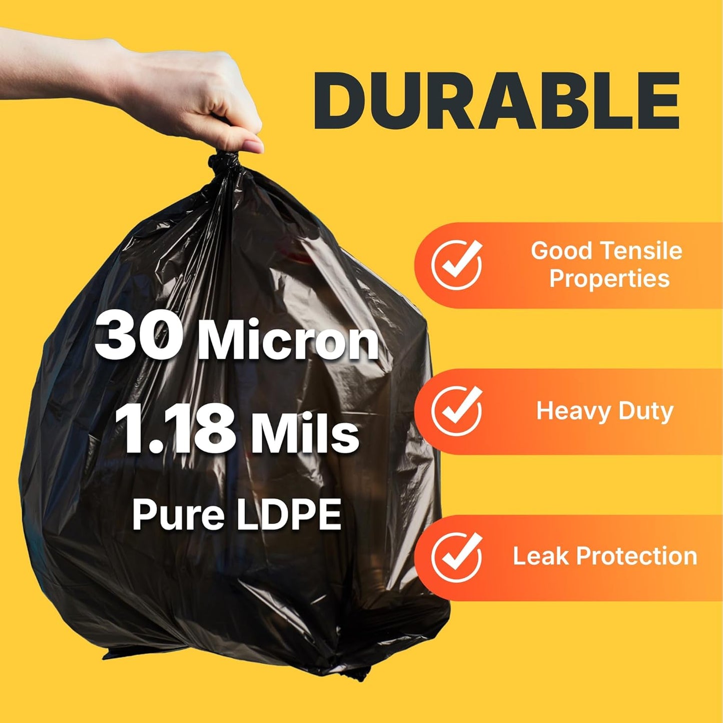 45 Gallon Trash Bags, 30 Micron Heavy Duty Pure LDPE Garbage Can Liners, 40" x 46" Large, Black, 100 Count