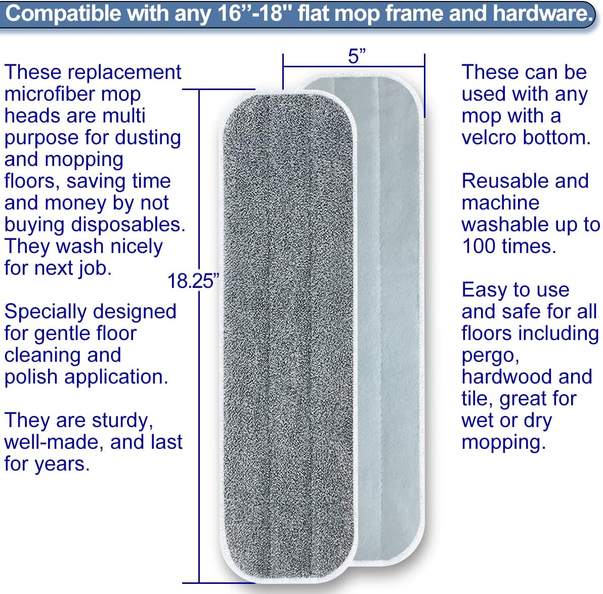 Microfiber Mop Replacement Pads 18 Inch Compatible with Bona Floor Care System, 5 Pack Reusable Wet Dry Floor Cleaning and Scurbbing Mop Refill Fits 16” to 18” Flat Reveal Mop Heads