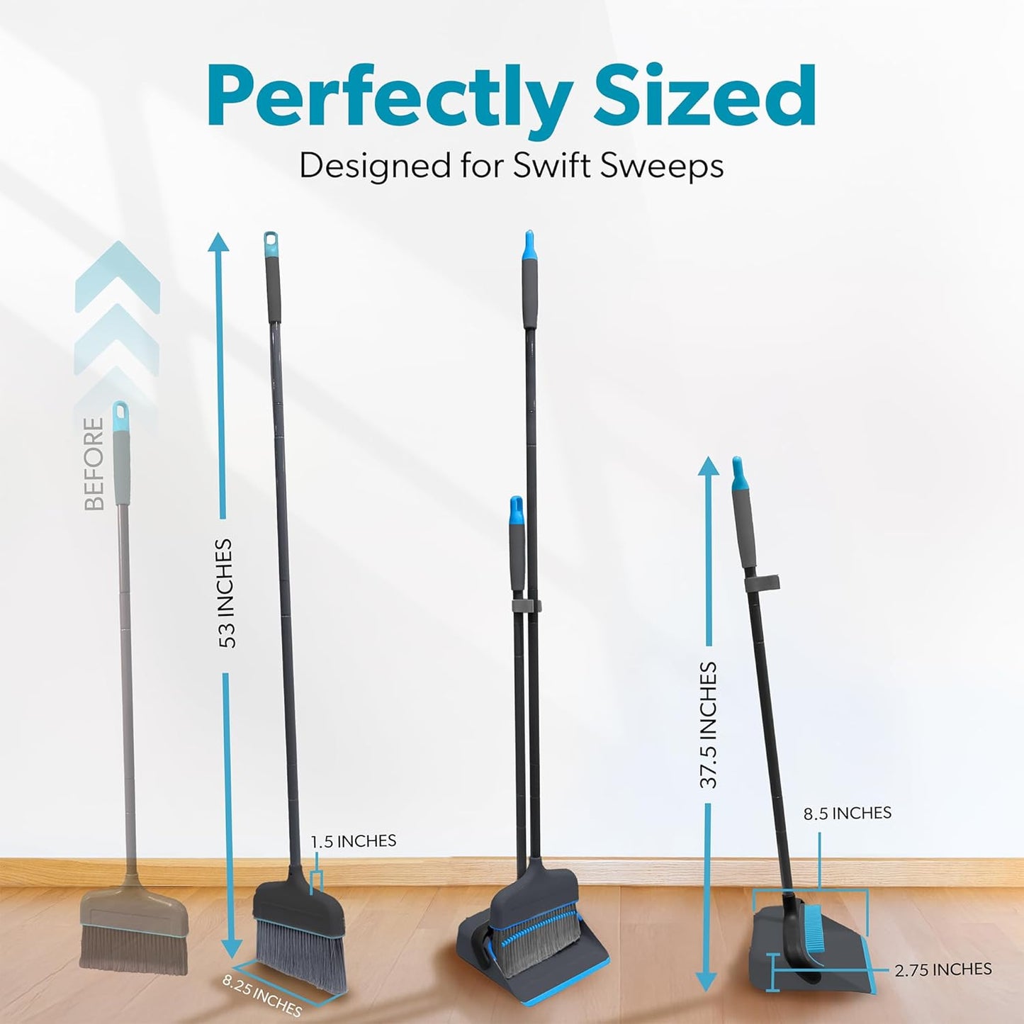 BLACK+DECKER Butler Broom & Dustpan Set - Short Handle, Stand-Up Design - Lightweight, Space-Saving Combo for Kitchen, Living Room, Bathroom, Lobby Floors - Home Cleaning Essential, Black/Blue