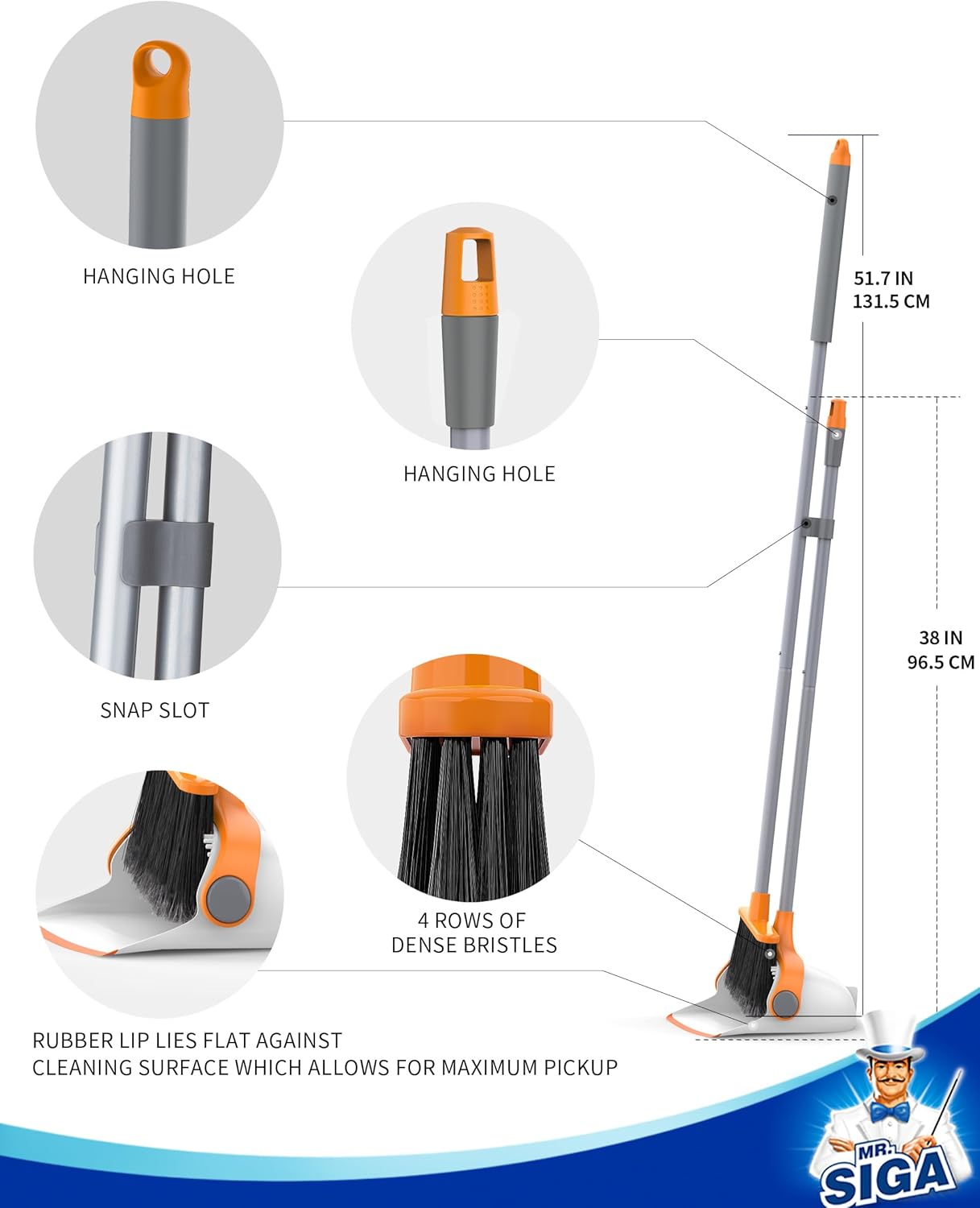 MR.SIGA Broom and Dustpan Set with Long Handle, Stand Upright Broom with Dustpan Combo for Cleaning Office, Garage, Lobby, Lightweight Sweeping Set, 51.7"(131 cm) Long Handle, White & Orange