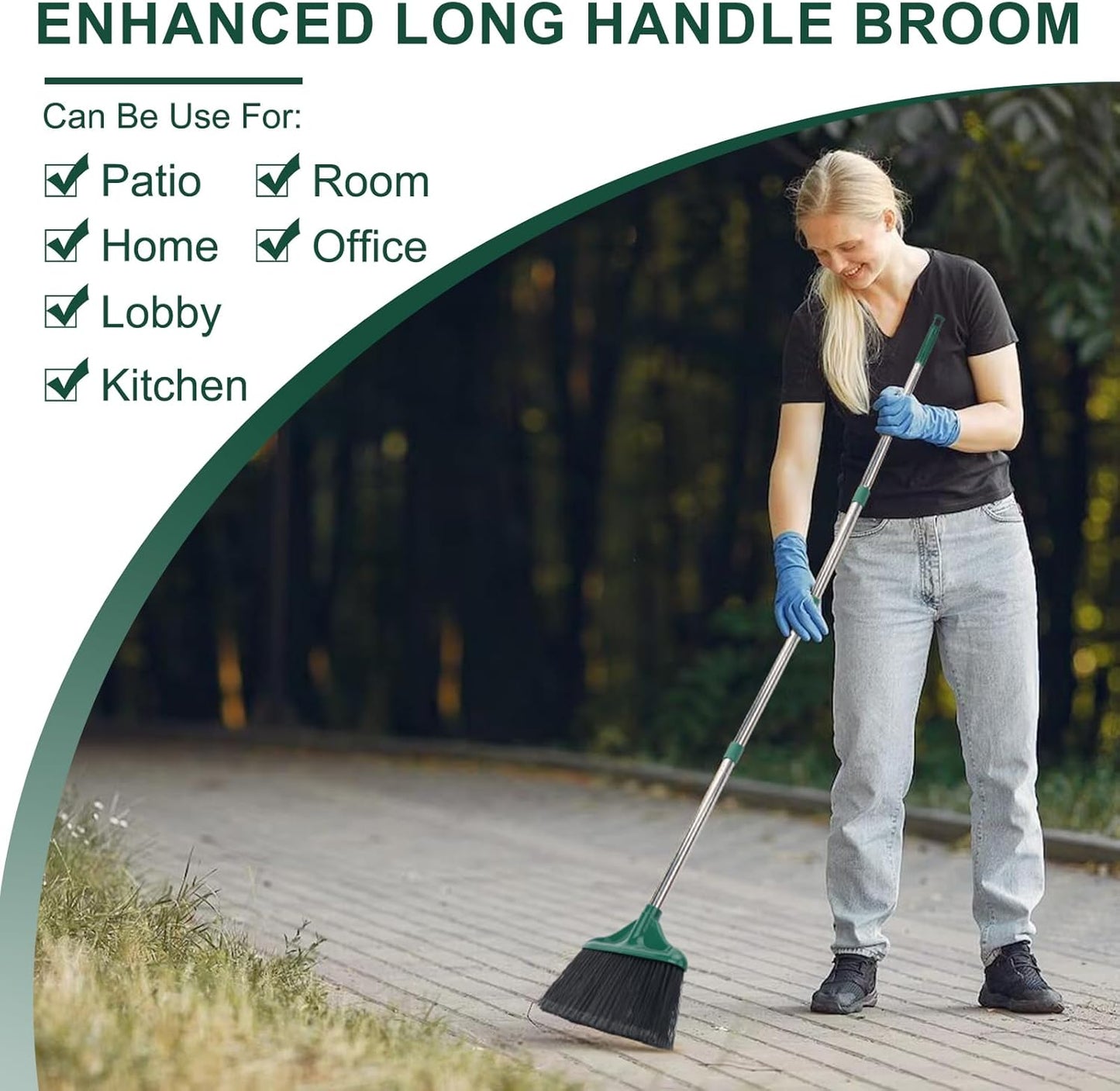 4 PCS Heavy Duty Broom Outdoor/Indoor Commercial Broom with 61" Long Handle,Perfect for Home Garage Kitchen Office Lobby Room Floor,Black and Green