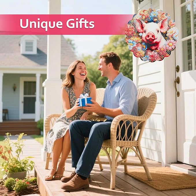 Pig Metal Wind Spinners Outdoor,Hanging Wind Spinner Garden Decor Birthday Gifts for Women Men,12 inch 3D Kinetic Sculpture for Backyard,Porch,Yard,Patio,Outside Decorations