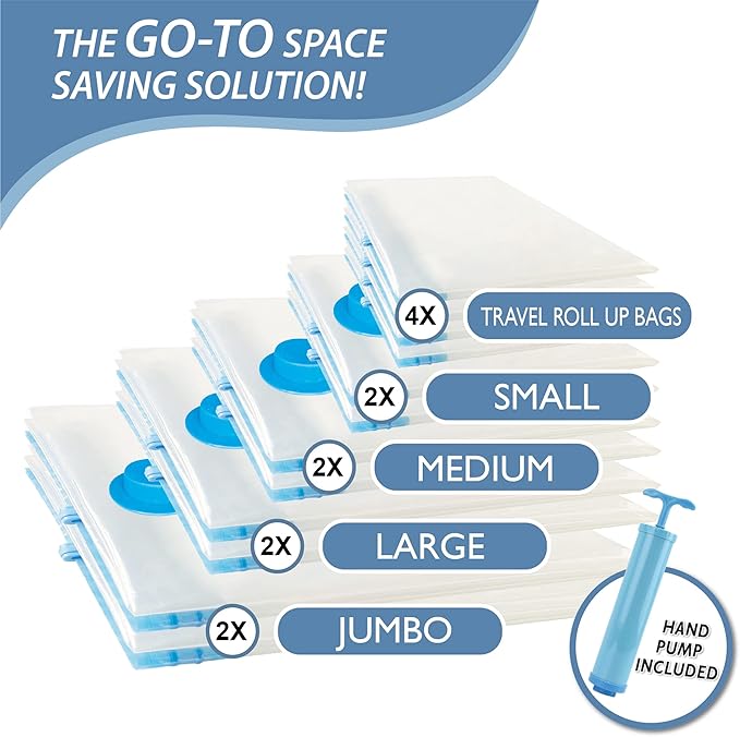 12 Pack Vacuum Storage Bags, Space Saver Vacuum Storage Bags, Vacuum Seal Bags for Clothing, Clothes, Comforters and Blankets, Hand Pump Included