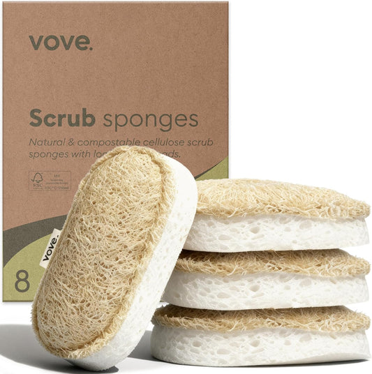 Vove Washing Up Sponges, Pack of 8 - Loofah & Cellulose Sponge with Cotton, Natural Eco-Friendly Kitchen Sponges & Scourers for Household Cleaning, FSC-Certified Packaging