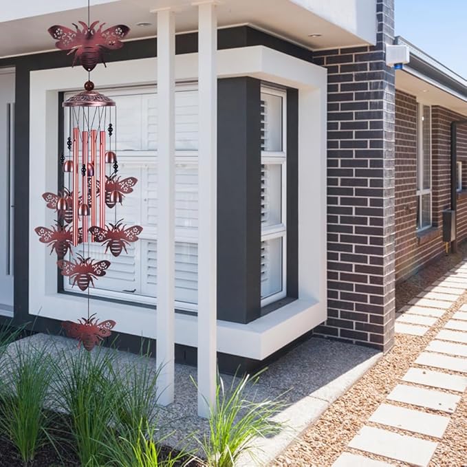 Outdoor Bee Wind Chimes Gifts for Mom - with 4 Tubes 6 Bells 7 Bees Wind Bells, Mobile Wind Catcher, Romantic Bee Decor, Bee Bells, Bees Windchimes for Home, Balcony, Tree, Festival, Garden Decoration