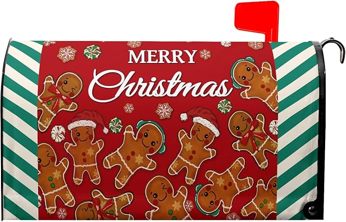 Xmas Gingerbread Man Mailbox Covers Magnetic Standard Size 21" X 18" Merry Christma Red Letter Post Wraps Winter Holiday Funny Decorative Holiday Postbox Covers for Home Outdoor Garden Yard