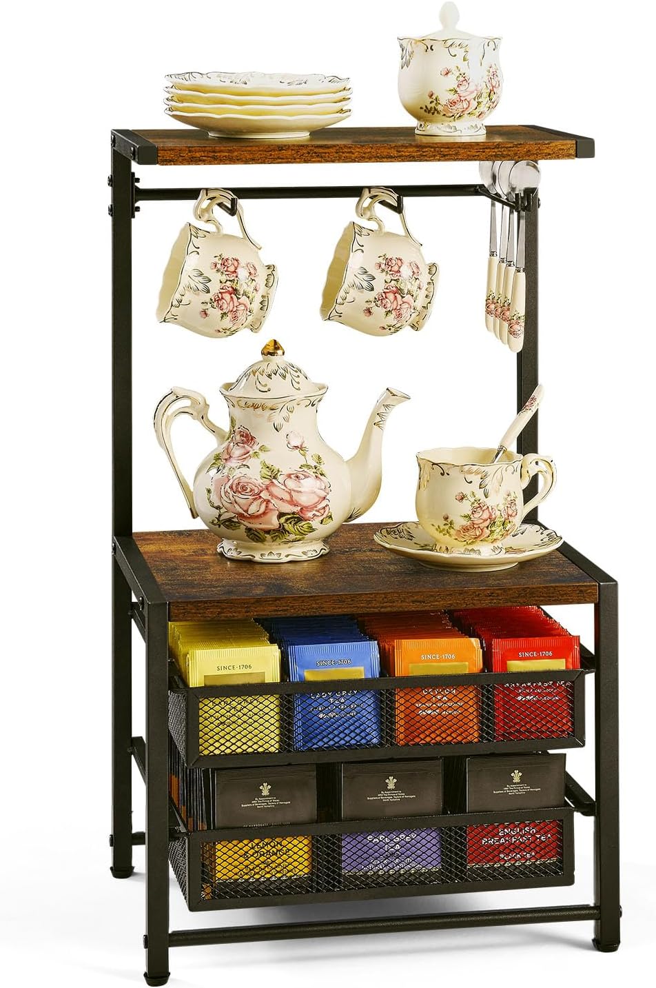 Pinzoveco Tea Bag Organizer, Large Tea Organizers and Storage Box,2 Drawers Tea Bags Holder Wood Tea Box Containers Tea Station Chest Display for Kitchen Organizers and Storage, Black