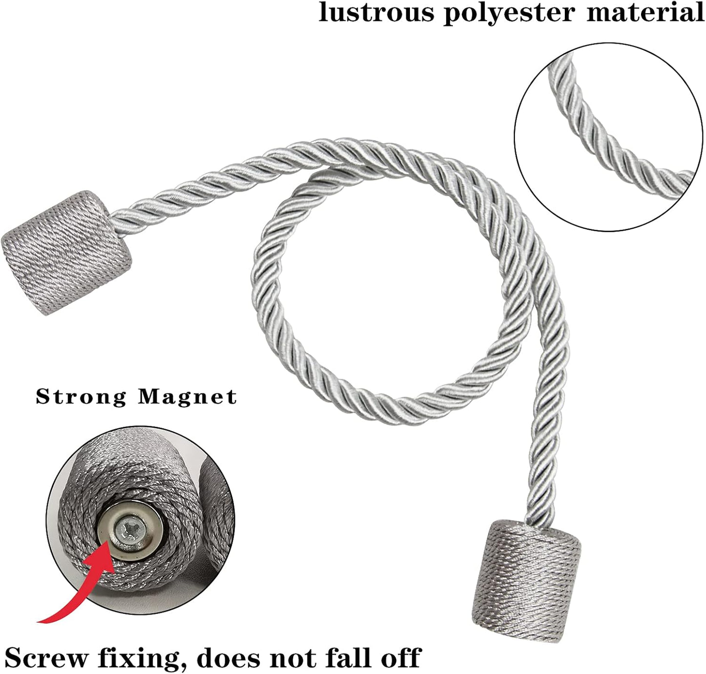 4 Pack Strong Magnetic Curtain Tiebacks Outdoor Elegant Decorative Tie Backs Modern Rope Tiebacks for Drapes Window Curtain Holdbacks for Draperies- Grey