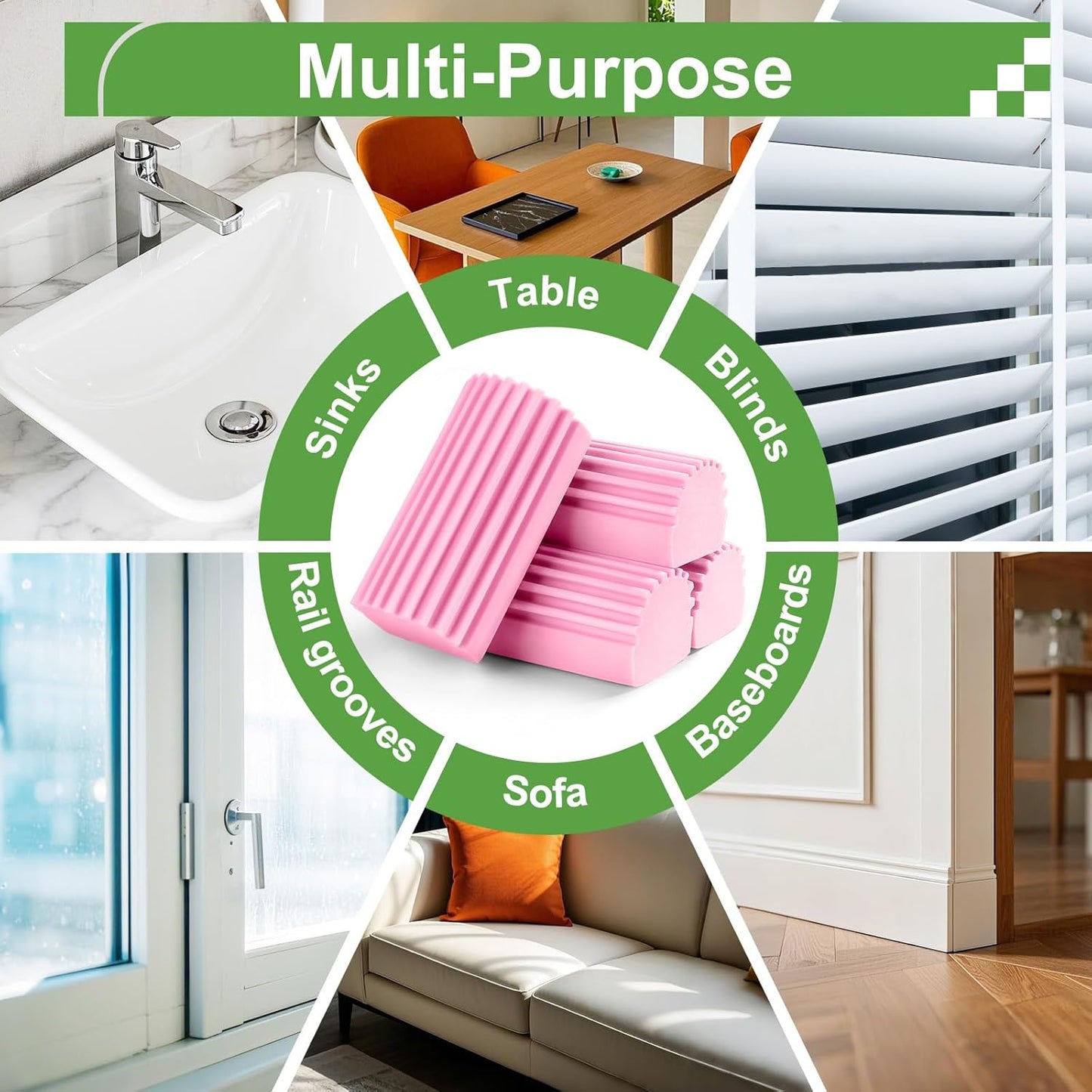 4-Pack Damp Clean Duster Sponge, Sponge Cleaning Brush, Duster for Cleaning Blinds, Glass, Baseboards, Vents, Railings, Mirrors, Window Track Grooves and Faucets Pink Non-Scratch Sponges
