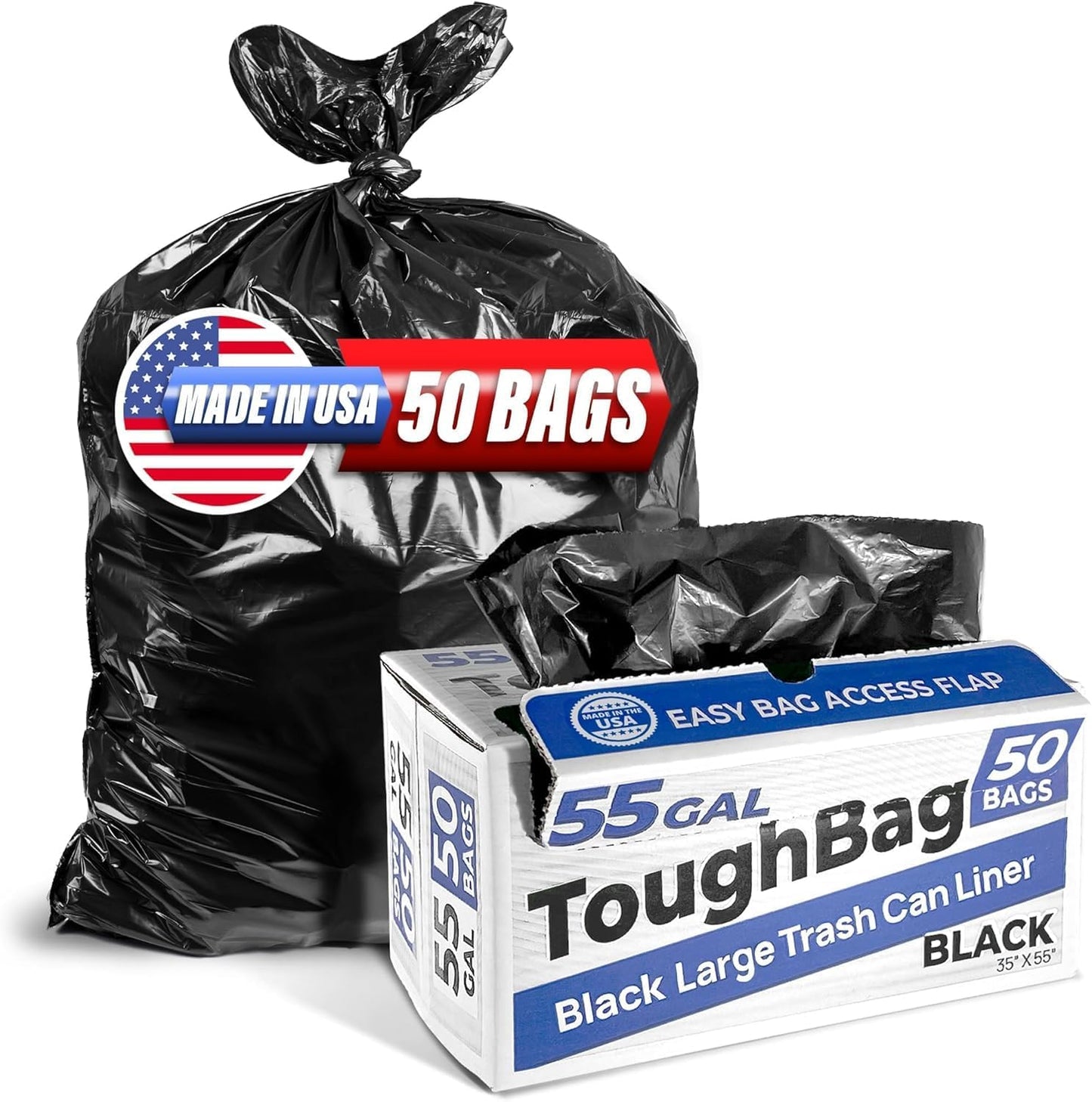 ToughBag 55 Gallon Trash Bags, 55-60 Gallon Trash Bags Heavy Duty (50 COUNT) - Large Black Trash Can Liners, 50-60 Gal for Contractors, Commercial, and Lawn - Made in USA