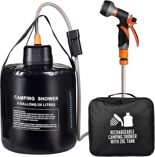 5 gallon/20L Water Bag,Portable Outdoor Camping Shower,Sun Heating,Electric Shower,8 Spray Modes,with Built-in Thermometer,Suitable for Hiking/Backpacking,Camping,Travel,Beach,Pets,Flowers