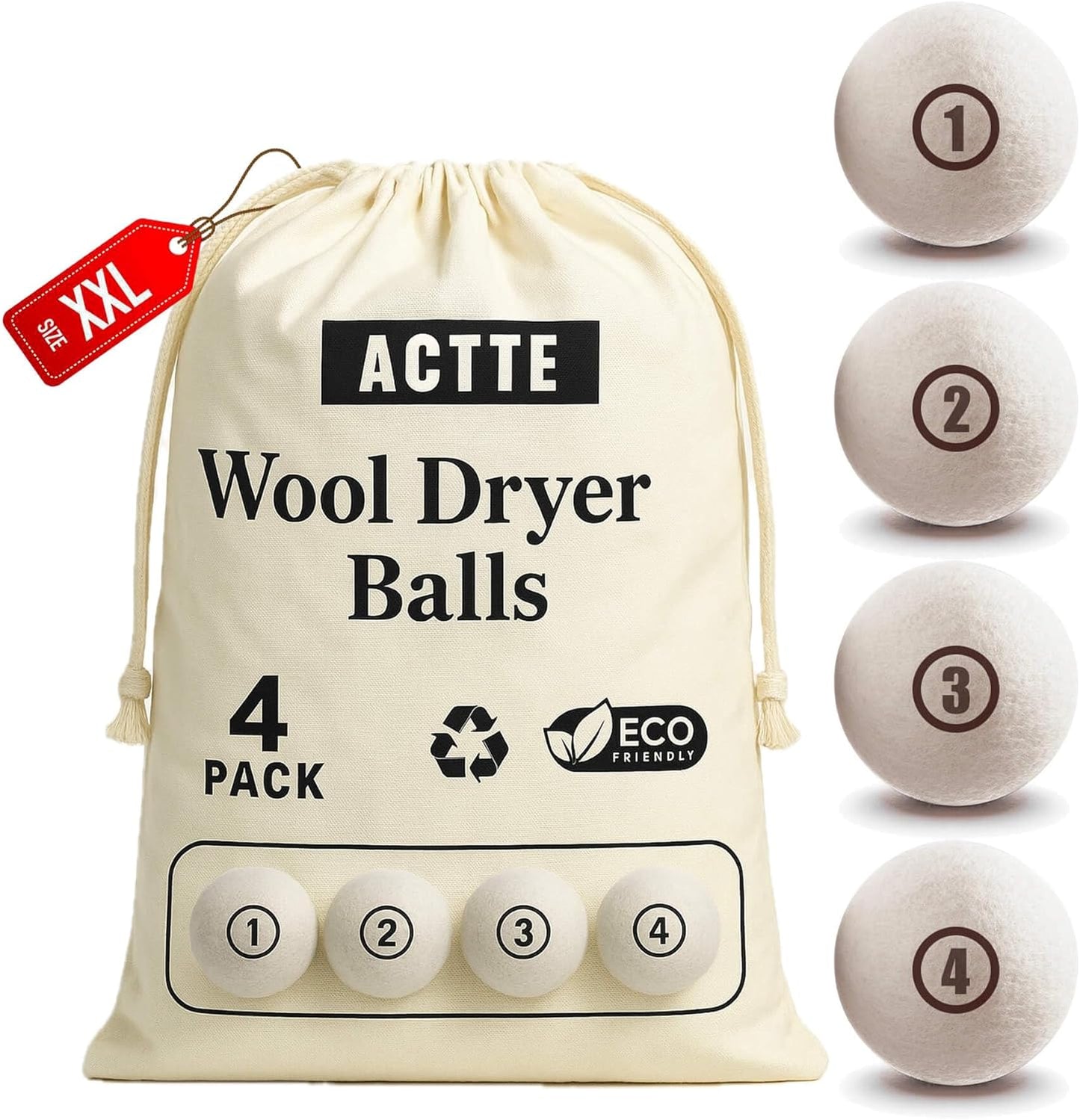 Sheep Wool Dryer Balls 4 Pack XXL(3.1") Premium Natural Fabric Softener, Reusable Laundry Dryer Balls for Reducing Drying Time, Static and Wrinkles, Eco-Friendly – 100% New Zealand Wool