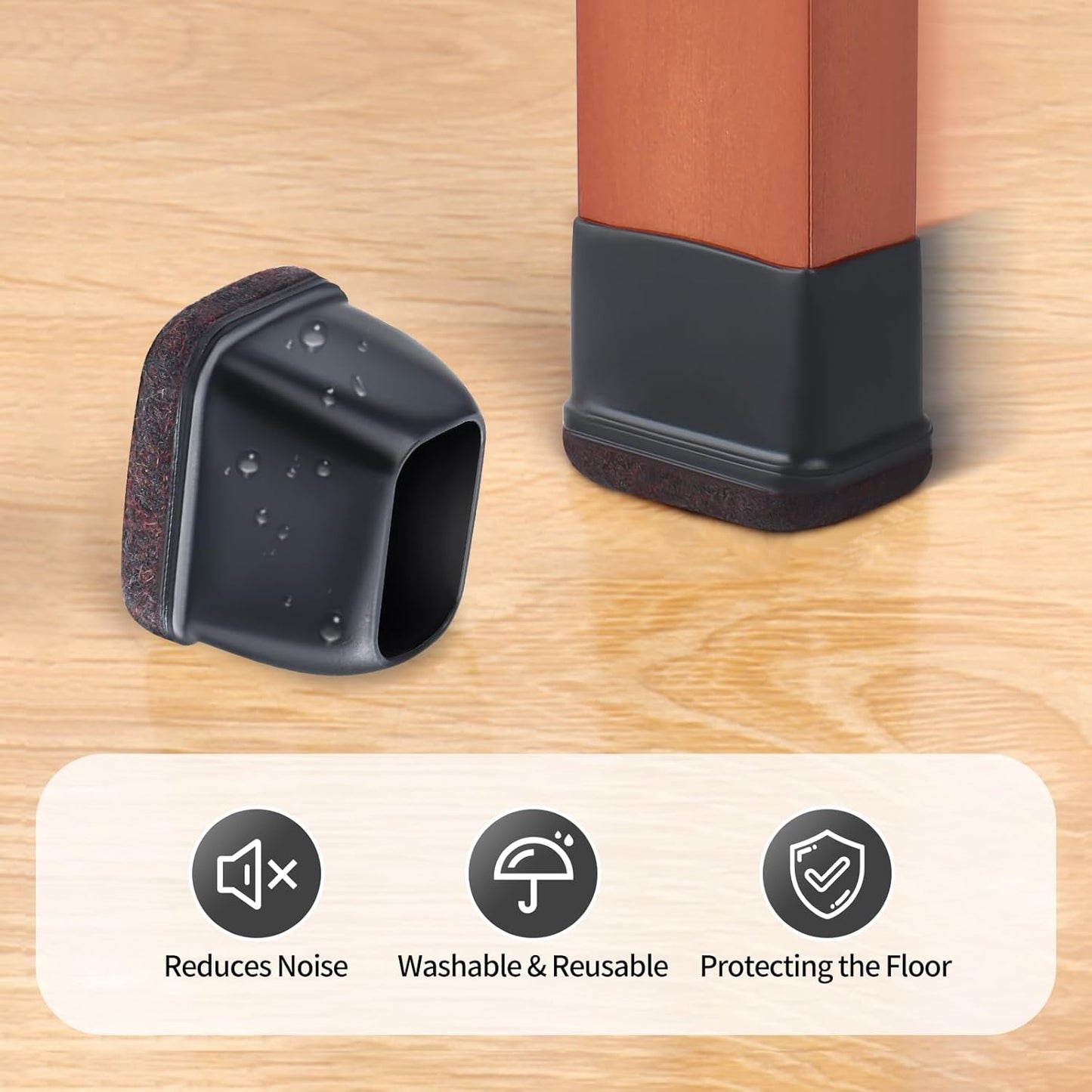 Ezprotekt 24 Pcs Rectangle Felt Chair Leg Floor Protectors for Hardwood Floors, Rectangle Silicone Furniture Pads Caps Covers for Chair Desk Table (Fit W :0.6-0.8", L: 0.9-1.3", Black)