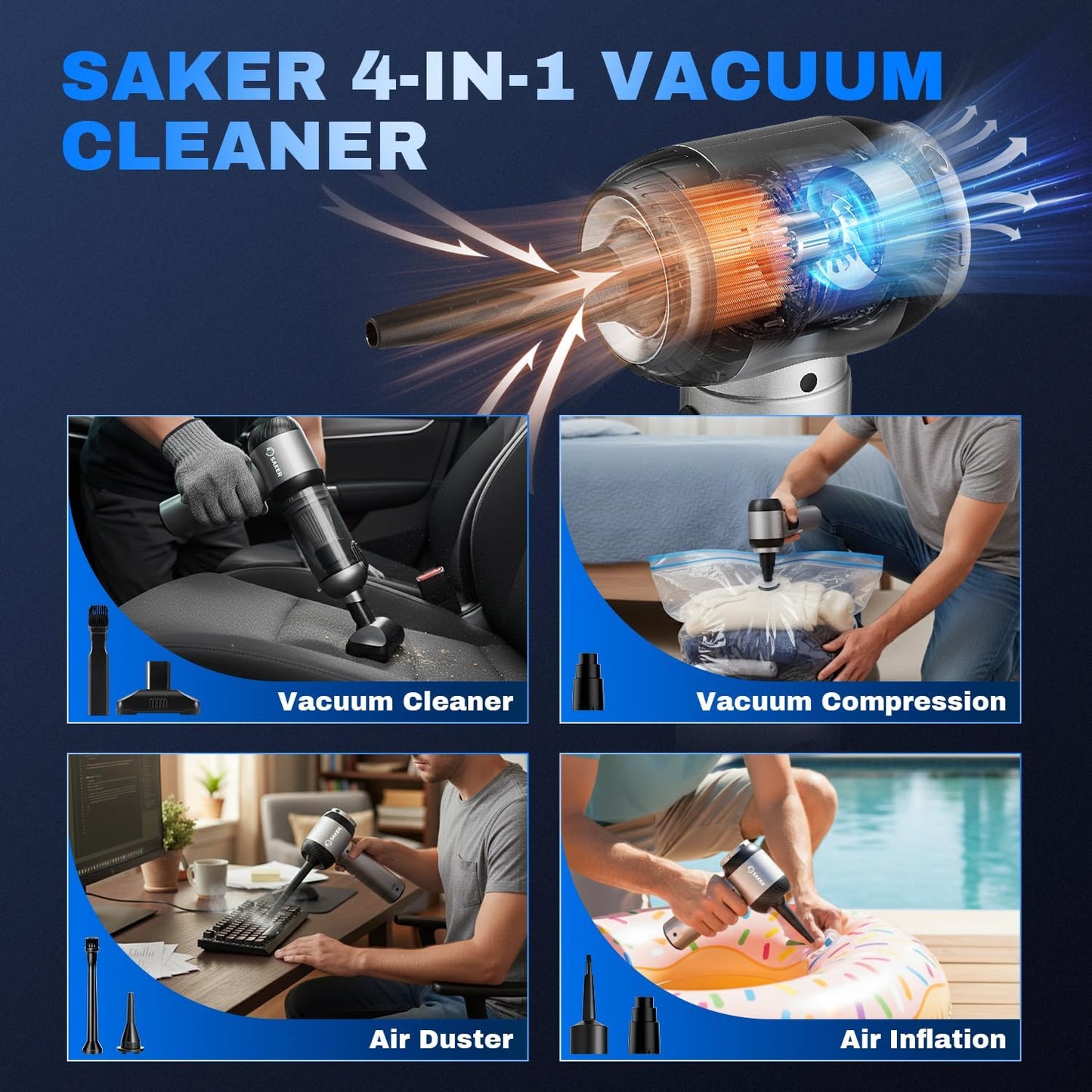 Saker Car Vacuum Portable Cordless 20000Pa Suction Power 4 in 1 Handheld Vacuum&Air Duster with LED Light Type-C Charge Portable Mini Vacuums for Car, Home, Office, Pet HL157 Silver