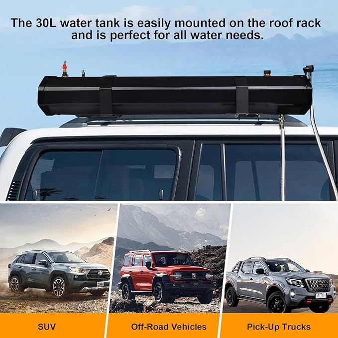 Pressurized Water Tank,Roof Rack Shower Solar Car Shower, 7.9 Gal/30L Roof Rack Water Tank Off-Road Vehicles,Pick-Up Trucks,SUV,Mounts to Roof Racks