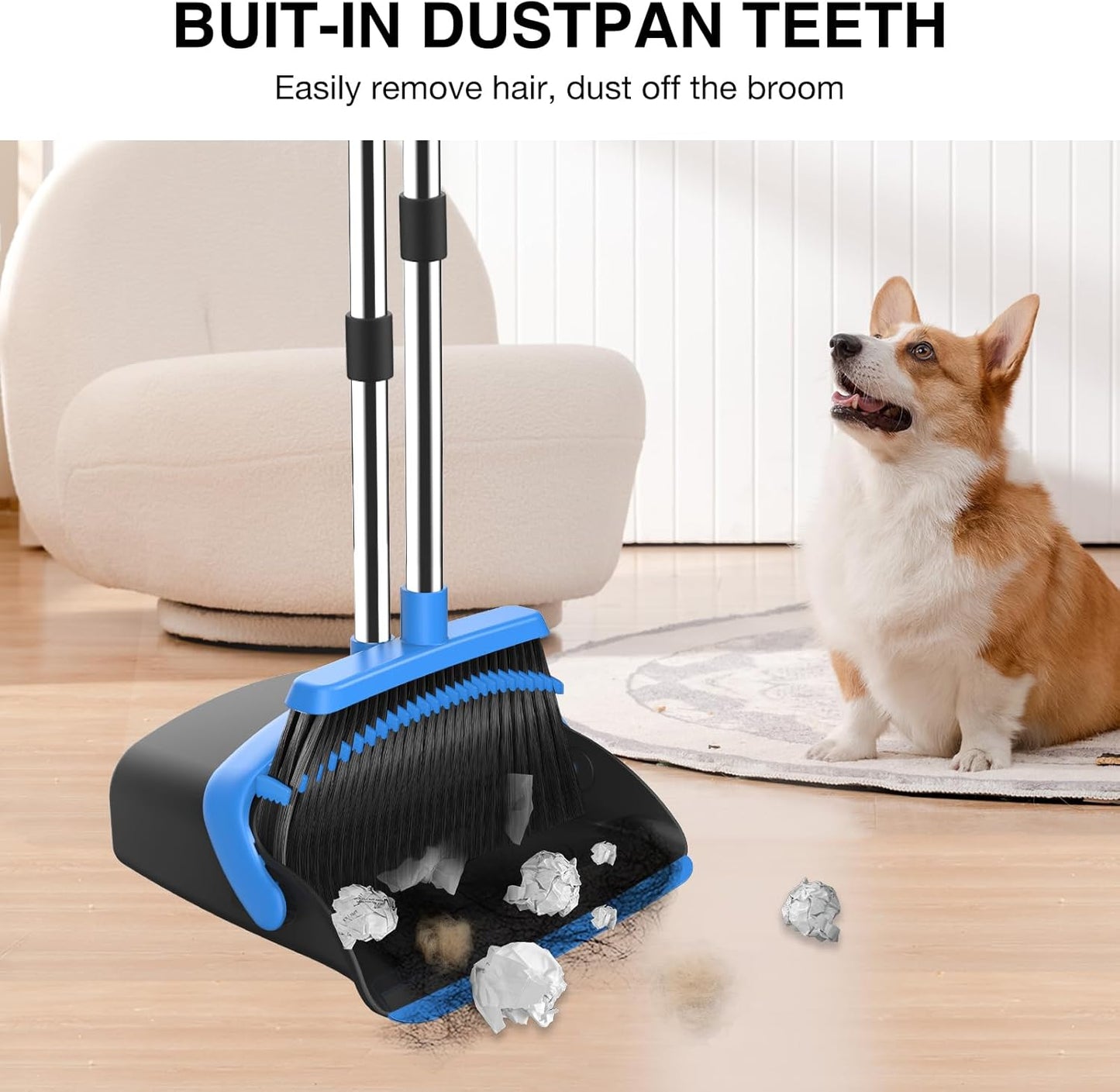 Broom and Dustpan Set, 52-in Long Adjustable Handle Broom Dustpan Combo with Dust pan Teeth to Automatically Clean Hair Suitable for Home Kitchen Office Hall Floor (Black&Blue), 4 Pack