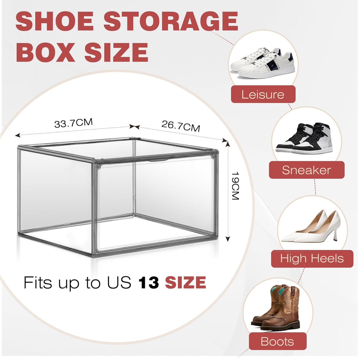 4 Pack Grey Shoe Storage Boxes Clear Plastic Stackable Shoe Display Case with Magnetic Door, Easy Assembly Fit up to US Size 13