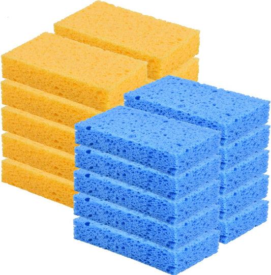 YoleShy 20 Pack Sponges Kitchen Natural Compressed Cellulose Sponges for Dishes Non Scratch for Household Cookware Bathroom Cars Soft Super Absorbent Reusable, Blue and Yellow