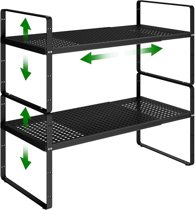 Expandable Kitchen Cabinet Shelf Organizer Rack Heavy Duty Metal Spice Rack Stackable Kitchen Counter Storage Shelf for Kitchen Cabinet Pantry Bathroom (Black - 16.5"-27" L x 8" W x 9.6" H - 2Pack)